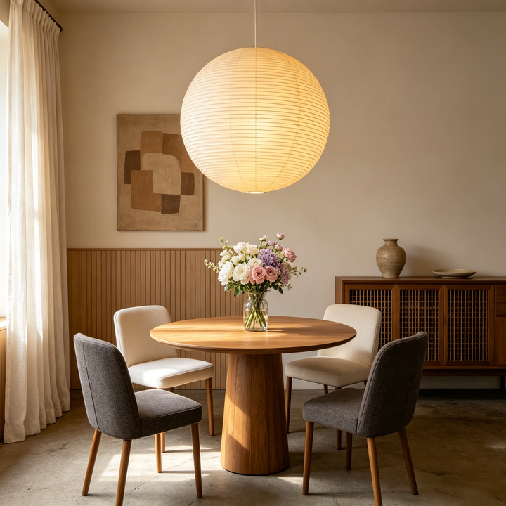 Washi paper spherical light above rectangular dining table beside tall vertical windows