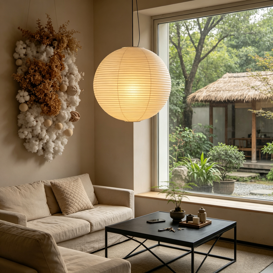 Single warm washi paper sphere pendant beside wooden lattice window in warm neutral living room