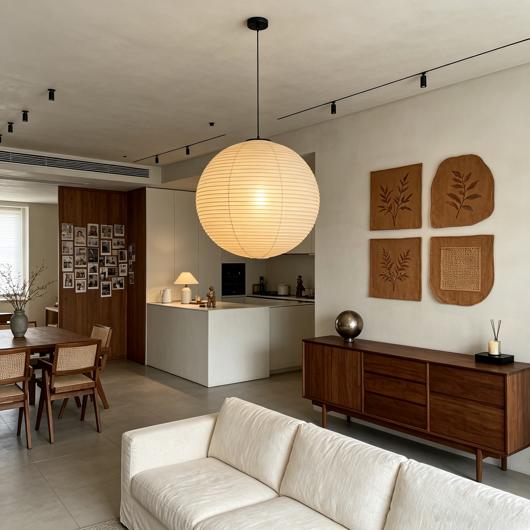 Washi paper spherical light beside traditional Japanese lattice shoji windows