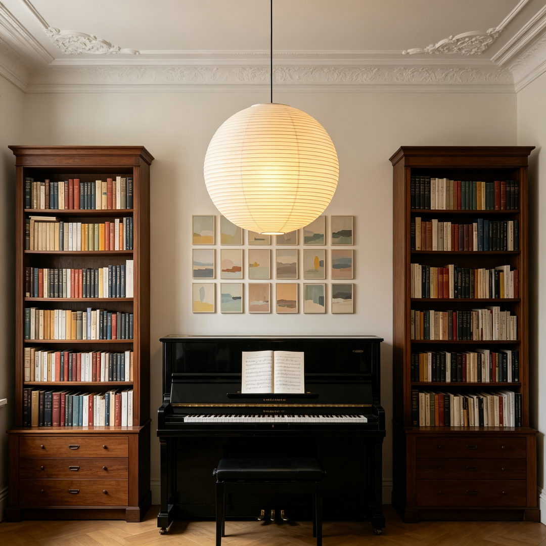 Large washi paper sphere hanging above piano and full wooden book shelving study room