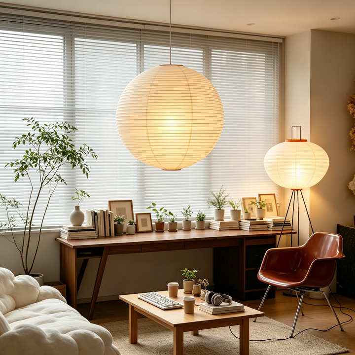 Warm glowing washi sphere lamp above wooden desk in neutral minimalist home office with green foliage decor