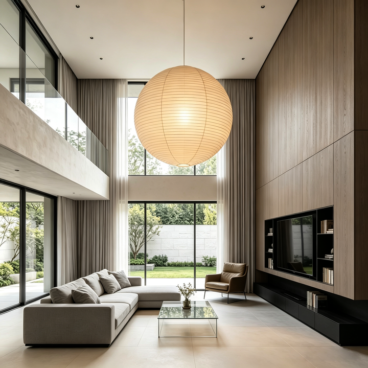 Large natural washi paper pendant lamp inside minimalist modern villa high-ceiling lounge with floor-to-ceiling glass windows