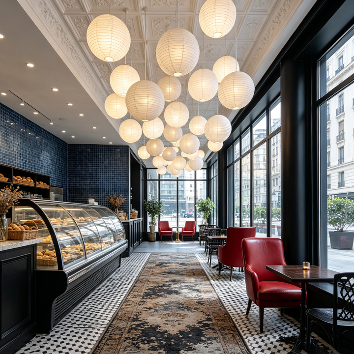Dense layered multi-size washi paper sphere pendant installation inside bright urban commercial cafe with bakery display counter and floor-to-ceiling windows