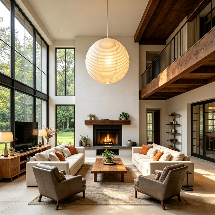 One oversized large washi paper spherical pendant as statement light in two-story high modern villa living room with stone fireplace and dual sofas
