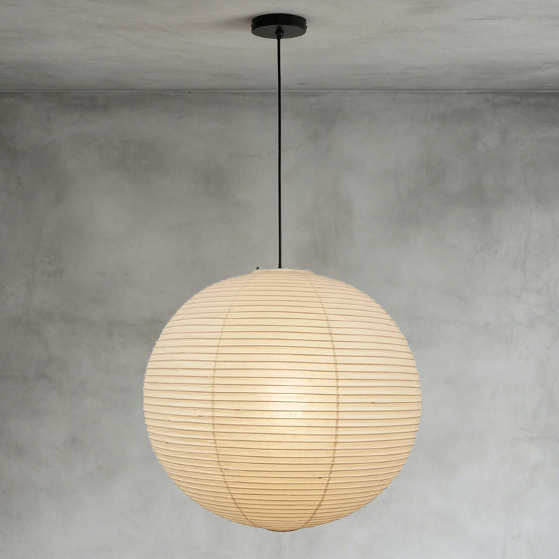 Bottom angle shot of washi paper sphere pendant with single black suspension cord