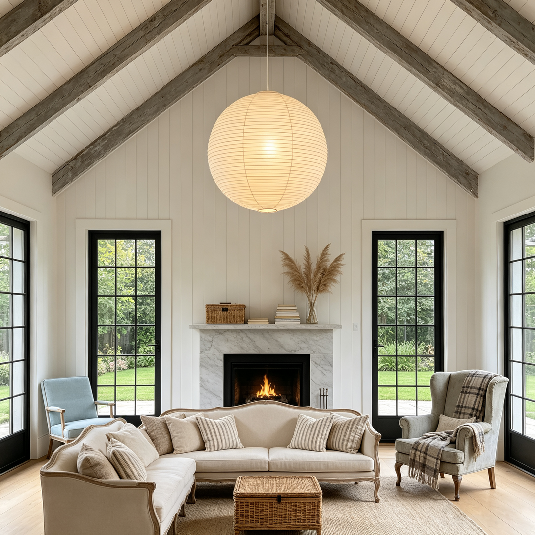 Single medium washi paper spherical pendant hanging in white wood beam farmhouse attic living room with marble fireplace and grid glass doors