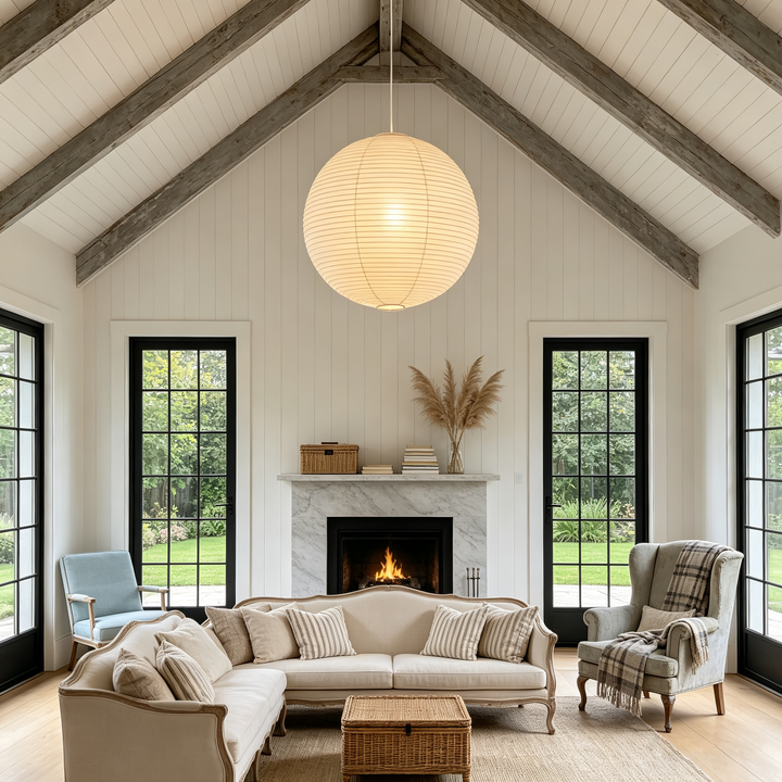 Single medium washi paper spherical pendant hanging in white wood beam farmhouse attic living room with marble fireplace and grid glass doors