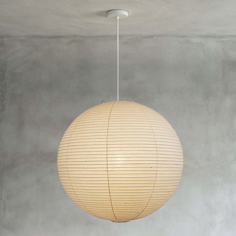 Low angle full view of washi paper lamp with thin silver hanging chain