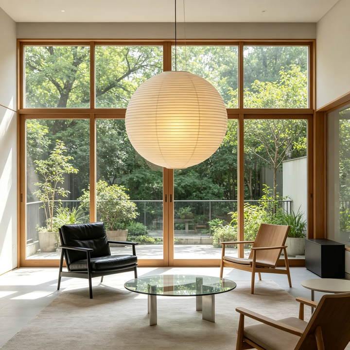 Large washi paper spherical pendant hanging in bright sunroom with floor-to-ceiling wooden frame windows and green outdoor view