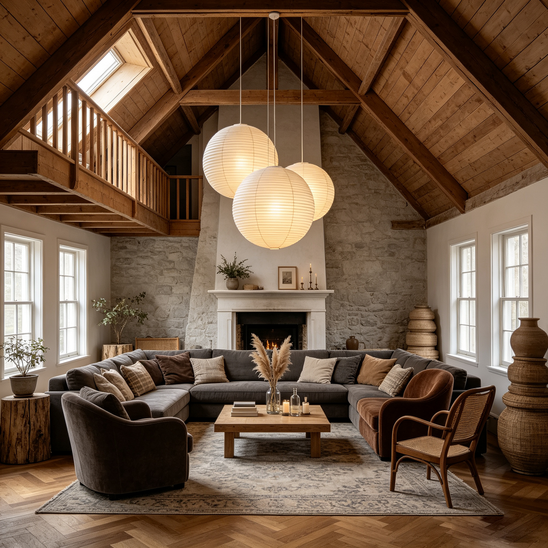 Three grouped washi paper spherical pendants hanging in wooden beam vaulted loft living room with stone fireplace and sectional sofa
