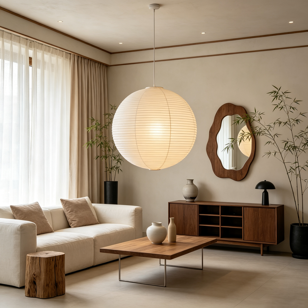Warm lit washi paper sphere pendant hanging in soft neutral wabi-sabi living room with linen sofa