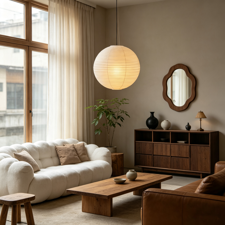 Soft lit washi paper spherical light decorating cozy wabi-sabi living room with bubble fabric sofa and wooden side cabinet