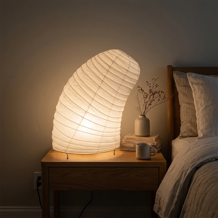 Sculptural paper lamp on a table in a window corner at dusk