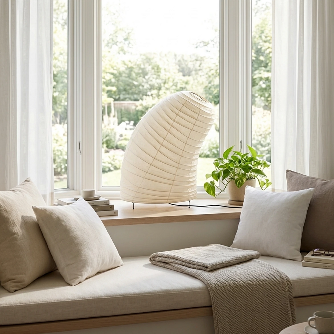 Shell-shaped paper lamp on a table beside a cushioned window seat